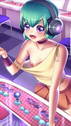 aim-e_sparks_(booty_calls) arcade blue_hair booty_calls crop_top cute gamer gamer_girl gaming light-skinned_female nipple_slip nipples no_bra nutaku open_shirt purple_eyes small_breasts smaller_female teal_hair