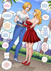 blonde_hair blue_eyes blue_mary cleavage cody_travers_(cosplay) dialogue fatal_fury female_terry final_fight high_heels interlocked_fingers jessica_haggar jessica_haggar_(cosplay) king_of_fighters lipstick looking_at_partner mascara omitv red_dress red_heels role_reversal rule_63 snk terry_bogard