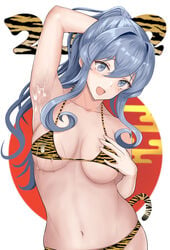 2022 :d absurdres animal_print arm_behind_head arm_up armpits bajitohfu bangs bikini blue_eyes blue_hair collarbone cum cum_on_armpits eyebrows_visible_through_hair female gotland_(kantai_collection) hair_between_eyes hand_on_own_chest highres kantai_collection long_hair looking_at_viewer mole mole_under_eye smile solo standing swimsuit tail tiger_print tiger_tail upper_body white_background yellow_bikini