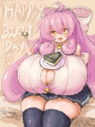 1girls 2021 2b213 ahoge big_breasts birthday cake dated female hair_between_eyes hair_ribbon hairbow orange_eyes original pink_hair sidelocks sketch solo stockings tagme thick_thighs thighhighs ursula_(masked_agent) wide_hips