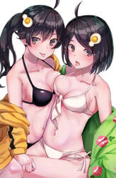 2girls absurdres ahoge araragi_karen araragi_tsukihi bangs bare_shoulders bikini black_bikini black_hair blush bob_cut breast_press breasts brown_eyes collarbone commentary egg_hair_ornament food-themed_hair_ornament food_themed_hair_ornament fried_egg green_kimono hair_between_eyes hair_ornament hand_on_another's_thigh highres hood hooded_track_jacket jacket japanese_clothes kimono long_hair looking_at_viewer medium_breasts monogatari_(series) multiple_girls navel off_shoulder parted_bangs short_hair siblings side-tie_bikini side_ponytail simple_background sister_and_sister sisters swimsuit symmetrical_docking tongue tongue_out track_jacket white_background white_bikini yellow_jacket yuunamida_uyu