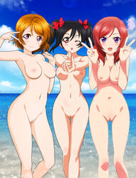 3girls :d :o absurdres areolae arm_up armpits asymmetrical_bangs bangs black_hair blush bow breast_squeeze breasts cleavage cleft_of_venus closed_mouth collarbone completely_nude double_v gluteal_fold hair_between_eyes hair_ribbon hairbow highres innie_pussy koizumi_hanayo large_breasts legs_together long_hair love_live! love_live!_school_idol_project medium_breasts medium_hair multiple_girls navel nipples nishikino_maki nude nude_filter ocean one_eye_closed open_mouth orange_hair perky_breasts purple_eyes pussy red_bow red_eyes red_hair red_ribbon ribbon short_hair sky smile thigh_gap third-party_edit twintails v yazawa_nico