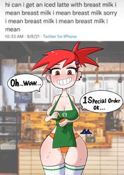 apron barista big_breasts big_penis bottomwear breasts cartoon_network clothing fast_food female foster's_home_for_imaginary_friends frankie_foster garbageman iced_latte_with_breast_milk long_hair meme outerwear panties red_hair smile starbucks tagme teen text uniform