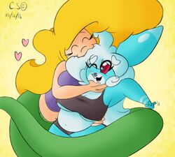 2016 :3 bbw belly belly_button big_breasts blonde_hair blue_fur blush bra breasts buckteeth chris_signore cleavage clothed clothing cuddling cute digital_drawing_(artwork) digital_media_(artwork) duo exposed_breasts female fur glomp hair happy heart hug human hybrid lagomorph lamia laura_lamia long_ears long_hair mammal navel pixels_bunni rabbit reptile scalie slightly_chubby smile snake stomach teeth wink yellow_hair