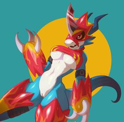 anthro areola areola_slip armor athletic bandai_namco big_breasts black_sclera blade blue_body bottomless breasts claws clothed clothing digimon digimon_(species) female fivel flamedramon genitals headgear helmet hi_res nipples partially_clothed pussy raised_clothing raised_shirt raised_topwear red_eyes shirt simple_background smile solo thick_thighs topwear white_body