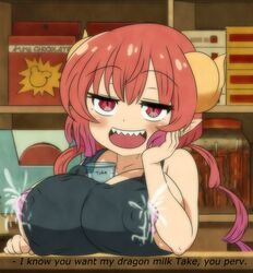 1girls apron dragon_girl dragon_horns eifiemoth english_text huge_breasts iced_latte_with_breast_milk ilulu_(dragon_maid) lactating lactation lactation_through_clothes light-skinned_female light_skin meme miss_kobayashi's_dragon_maid naked_apron smile smiling