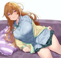 1girls breasts brown_hair huge_breasts konoe_kanata laying_down light-skinned_female light_skin looking_at_viewer love_live! love_live!_nijigasaki_high_school_idol_club pillow purple_eyes school_uniform solo thick_thighs yamasonson