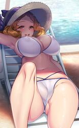 bikini bikini_bottom bikini_top breasts brown_eyes brown_hair female female_focus female_only floofy_hair haru_okumura nipple_bulge nipples persona persona_5 pokies pussy pussy_bulge shin_megami_tensei short_hair smile solo_female straw_hat thighs voluptuous yzcg3222