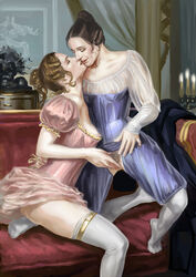 2020 2girls aivelin bloomers_(victorian) corset female/female fingering gentleman_jack multiple_girls panties_aside pubic_hair suranne_jones thighhighs victorian yuri