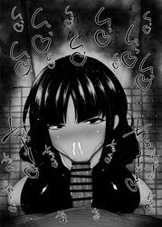 1boy 1girls :>= alternate_version_available big_breasts big_penis black_and_white bleach blowjob blush censored cum cum_out_nose dark-skinned_male dark_skin detailed_background drooling eyelashes fellatio heart human indoor inside japanese_text kurotama kurotsuchi_nemu looking_at_viewer male male_pov oral oral_sex pov room saliva shiny shiny_skin short_hair sketch sound_effects squatting sweat text vein veins veiny veiny_penis