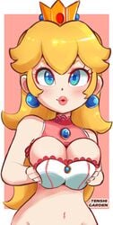 alternate_breast_size blonde_hair blue_pupils bottomless bra breast_squeeze cleavage cowboy_shot crown cute earrings female hearlesssoul lipstick looking_at_viewer mario_(series) mario_tennis navel nintendo princess_peach smile two-tone_background