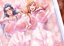 2girls absurd_res against_glass areolae blue_eyes blush breasts brown_eyes come_hither curvy female female_only glass haikawa_hemlen hi_res huge_breasts large_areolae multiple_girls nami naughty_face nico_robin nipples nude one_piece post-timeskip red_hair shared_shower showering soap_bubbles teeth thick_thighs thighs tongue tongue_out water wide_hips