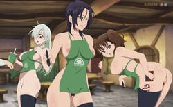 3girls apron apron_only diane_(nanatsu_no_taizai) elizabeth_liones exhibitionism female female_focus female_only iced_latte_with_breast_milk mandio_art meme merlin_(nanatsu_no_taizai) multiple_girls naked_apron nanatsu_no_taizai pubic_hair the_seven_deadly_sins waitress_uniform