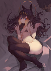 1girls artist_request ass ass_focus bed belly_button big_ass black_bra black_stockings blue_eyes bra collarbone diadem fan_mascot_(vtuber) female female_focus female_only flat_chest flat_chested halo highres hololive hololive_english hololive_myth light-skinned_female light_skin long_hair looking_at_viewer lying lying_on_bed lying_on_side multicolored_hair ninomae_ina'nis no_panties orange_hair pale-skinned_female pale_skin purple_hair round_ass small_breasts stockings tako_(ninomae_ina'nis) thick_thighs thighhighs tiara very_high_resolution very_long_hair virtual_youtuber