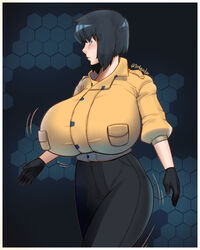 1girls abstract_background black_hair blue_eyes clothed curvy female female_only female_protagonist frame fully_clothed ghost_in_the_shell gloves huge_breasts joylewds kusanagi_motoko short_hair solo standing thick_thighs thunder_thighs tight_clothing