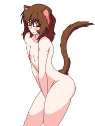 blush brown_eyes brown_hair cat_ears cat_tail femboy hand_on_penis michi neo_serisawa nipple oc short_hair thighs