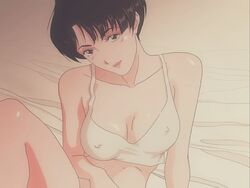 anko_arai black_hair bra chrunillo looking_at_viewer nipple_bulge pantsu_hunter_back_to_the_90s short_hair smile very_short_hair