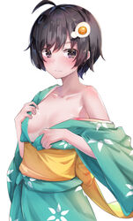 :| absurdres ahoge araragi_tsukihi areola_slip areolae bare_shoulders black_hair breasts brown_eyes cleavage closed_mouth collarbone commentary cowboy_shot egg_hair_ornament embarrassed female floral_print food-themed_hair_ornament food_themed_hair_ornament fried_egg green_kimono hair_ornament hair_strand hand_on_own_chest highres japanese_clothes kimono looking_at_viewer monogatari_(series) obi off-shoulder_kimono open_clothes open_kimono sash short_hair simple_background small_breasts solo standing undressing very_short_hair white_background yellow_sash yuunamida_uyu