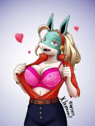 1girls animal_ears anthro background_character blonde_hair blue_body bra breasts eye_contact female humanoid ippan_josei klaymoor larger_female looking_at_viewer mutant_lady_(my_hero_academia) my_hero_academia presenting presenting_breasts standing two_tone_body undressing upper_body