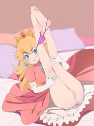 aruman barefoot blonde_hair blue_eyes blush censored crown earrings elbow_gloves feet female gloves highres jewelry legs_up long_hair looking_at_viewer mario_(series) nintendo panties princess_peach pussy smile soles solo toes underwear