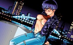 4bpp 90s black_hair blue_garnet blush breasts breasts_out bridge city dutch_angle female game_cg jacket jeans large_breasts night nipples ocean oldschool outdoors panties pc98 posing sea shirt_lift short_hair sitting solo trush_(company) underwear