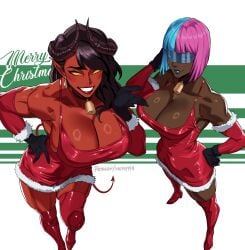 2girls absurdres alice_(dispatch) alternate_costume ass big_ass big_breasts big_thighs black_hair blue_hair boots breasts bust busty chest christmas cleavage colored_skin commentary curvaceous curvy curvy_figure dark-skinned_female dark_skin demon demon_girl demon_tail demoness digital_media_(artwork) dispatch dispatch_(game) dress earrings english_commentary female grin half-demon half_demon highres hips holidays horns hourglass_figure huge_ass huge_breasts huge_thighs jewelry large_ass large_breasts large_thighs legs long_hair looking_at_viewer malevola_gibb mature mature_female mature_female_hair merry_christmas mg99 mg991998 multicolored_hair multiple_girls pink_hair pointy_ears prism_(dispatch) red-skinned_female red_body red_boots red_dress red_skin santa_costume santa_dress sleeveless sleeveless_dress slim_waist smile solid_eyes split-color_hair tail thick thick_hips thick_legs thick_thighs thigh_boots thighs tinted_eyewear two-tone_hair very_dark_skin visor voluptuous waist wide_hips wide_thighs yellow_eyes