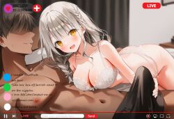 1boy1girl ai_generated ass bare_shoulders bed bedroom blush bra braid breasts chat_log cleavage collarbone comments dark-skinned_male dark_skin dirty_talk erection erection_under_clothes erotic erotic_clothes faceless_male female fondling_penis hand_on_penis highres imminent_sex indoors interracial lace lace_bra lace_thong large_breasts large_penis live_sex livestream long_sleeves looking_at_viewer lying male mole_on_breast muscular nude on_bed open_mouth original original_character panties penis penis_awe penis_under_panties smile sweat thighs thong_panties user_interface username white_hair yellow_eyes
