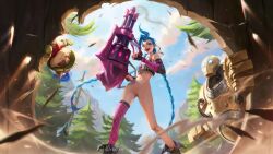 2boys aciddrawing armwear ass blitzcrank blue_hair boots bullets casual clothing edited female firearm gun human image jinx_(league_of_legends) league_of_legends league_of_legends:_wild_rift legends_of_runeterra legwear minigun no_clothes no_panties pale_skin purple_eyes pussy robot skinny_girl slim smiling teemo weapon yordle