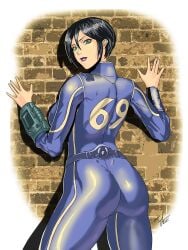 1girls 2015 2d 2d_(artwork) against_wall arms_up artist_signature ass ass_focus back_view belt big_ass black_hair brick_wall clothed clothed_ass clothed_female computer dated fallout female female_only fully_clothed green_eyes hair human human_female human_only jumpsuit light-skinned_female light_skin lips lipstick looking_back looking_back_at_viewer makeup number pip-boy purple_lipstick questionable rear_view sfw shiny_clothes shiny_skin short_hair short_hair_female solo solo_female standing technology tesan tight_clothing vault_69 vault_girl vault_meat vault_suit wall_(structure) watermark white_border