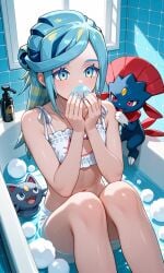 1boy ai_generated bath bathing bathroom bathtub blowing blowing_bubbles blue_eyes bra bubble_bath bubbles bulge cat_cutout femboy friends grusha_(pokemon) happy lingerie male nail_polish nails_painted otoko_no_ko panties playing playing_in_bathtub playing_with_bubbles pokemon thighs water weavile