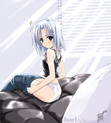 1girls bed blue_eyes blue_hair blush camisole clothes kagetsu_tohya looking_back panties pants_pull sakura_nitouhei sitting solo tsukihime tsukihime_souka underwear undressing white_panties