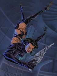 acrobatic aeon_flux aeon_flux_(series) ass black_hair bolero breasts falling female gun high_heeled_boots leather_clothing makeup official_art short_hair skinny_female small_ass small_breasts solo_focus tall taller_female tight_clothing weapon