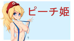 blonde_hair blue_eyes blush breasts female female_only hat human large_breasts looking_at_viewer mario_(series) midriff navel nintendo nipples ponytail princess_peach sideboob sling_bikini smile solo standing teebreakers tied_hair translated