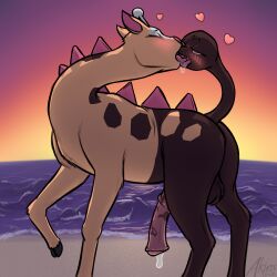 1:1 2025 absurd_res akins animal_genitalia animal_penis artist_name back_spikes balls balls_tuft beach blush blush_lines bodily_fluids brown_body brown_fur cel_shading clear_sky closed_eyes cum cum_drip dated detailed_background digital_drawing_(artwork) digital_media_(artwork) dripping equine_genitalia equine_penis feral french_kissing fur generation_2_pokemon genital_fluids genitals girafarig giraffid half-closed_eyes heart_symbol hi_res hooves kissing long_neck male mammal mottled mottled_genitalia mottled_penis narrowed_eyes nintendo outside penis pokemon pokemon_(species) saliva saliva_drip saliva_on_tongue sea shaded sky solo spikes spikes_(anatomy) sunset tail tail_fetish tail_mouth tail_play text tongue tongue_out tuft unusual_anatomy unusual_tail water yellow_body yellow_fur
