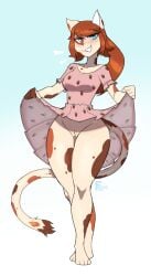 absurd_res anthro blush calico_cat clothing domestic_cat dress felid feline felis female flashing food fruit furiousart genitals hi_res mammal michaela_(bosstones) plant pussy solo strawberry sundress vulva
