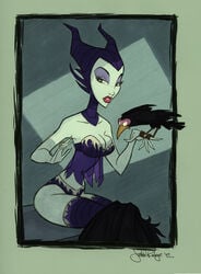 1girls 2007 bird black_bra black_panties bra breasts clothes color colored diablo_the_raven disney disney_villains female female_only green_skin justin_ridge looking_at_viewer maleficent panties raven_(bird) sleeping_beauty_(1959_film) solo underwear witch