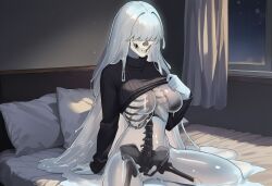 1girls ai_generated bones breasts clothed female goo_creature hair_over_eyes horror horror_(theme) large_breasts lifting_shirt lime_(paigen) monster_girl original original_character paigen ribbed_sweater skeleton skull skull_face slime slime_girl sweater undead underboob visible_skeleton white_hair