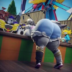 1:1 2026 3d_(artwork) absurd_res amusement_park anthro ass bent_over big_breasts big_butt blender_(artwork) bottomwear breast_squish breasts canid canine canis clothing countershade_legs countershading ctgiantess denim denim_bottomwear denim_clothing denim_shorts digital_drawing_(artwork) digital_media_(artwork) ear_piercing epic_games female footwear fortnite gloves_(marking) grey_body grey_hair gun hair handgun hi_res huge_breasts huge_butt humanoid hyper hyper_breasts hyper_butt long_hair long_socks male mammal markings mascot_costume outside piercing pistol ranged_weapon rear_view shirt shoes shooting_range shorts solo squish tail topwear weapon wolf wolfie_(fortnite) wonkee_(fortnite)