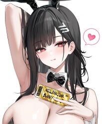 absurdres animal_ear_hairband animal_ears arm_up armpits black_bow black_bowtie black_hair black_hairband blue_archive blush bow bowtie breasts bright_pupils cleavage closed_mouth colored_speech_bubble commentary detached_collar fake_animal_ears female hair_intakes hairband heart highres holding holding_ticket huge_breasts logo_hair_ornament long_hair looking_at_viewer parted_bangs playboy_bunny rabbit_ear_hairband rabbit_ears red_eyes ringed_eyes rio_(blue_archive) sab_(sab2500) side_part simple_background solo speech_bubble spoken_heart ticket tongue tongue_out traditional_bowtie unfinished upper_body white_background white_pupils