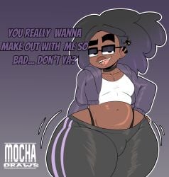 1boy 2d bedroom_eyes belly big_lips bottom_heavy bottom_heavy_femboy bulge chris_(cross-sama) chubby chubby_belly chubby_femboy chubby_male clothed clothed_male clothes color crop_top cropped_hoodie cross_samax dark-skinned_femboy dark-skinned_male dark_skin dialogue ear_piercing english_text femboy femboy_only full_color girly glasses hoodie leggings lips male male_only motion_lines non-nude oc open_mouth original original_character piercings shortstack sole_male solo talking_to_viewer text thick_thighs tongue_piercing voluptuous voluptuous_femboy wide_hips