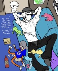 after_orgasm bro_strider clothed cum dave_strider dork_nokia faceless_character faceless_male funny homestuck just_jacked_off lil_cal_(homestuck) male_only puppet resting sketch slim_waist sunglasses tagme white_body white_hair