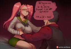 1boy 1girls ai_generated aroused aroused_face athletic athletic_female big_ass big_breasts big_butt big_thighs blush breasts brown_eyes caption comic comic_page comics curvy curvy_body curvy_female curvy_figure cute cute_face english english_text female glasses grin hand_on_breast highschool_of_the_dead hoorpy hourglass_figure male natsuki_subaru patreon patreon_logo patreon_username petite petite_body petite_breasts petite_female pink_hair re:zero_kara_hajimeru_isekai_seikatsu saya_takagi school_uniform schoolgirl sexy sexy_body sexy_pose smile story text thick_thighs thighs twintails voluptuous voluptuous_female