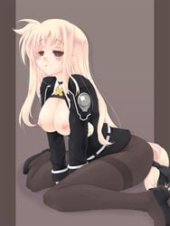 blush breasts fate_testarossa frapowa long_hair low-tied_long_hair lyrical_nanoha mahou_shoujo_lyrical_nanoha mahou_shoujo_lyrical_nanoha_strikers nipples open_clothes open_shirt pantyhose red_eyes shirt sitting tear uniform very_long_hair