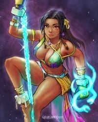 1girls alluring anklet artist_name bare_shoulders big_breasts black_hair black_shorts breasts cleavage closed_mouth dark-skinned_female dark_skin female female_focus fingerless_gloves gloves hair_ribbon high_res holding holding_staff jewelry lips looking_at_viewer miary_zo mma_gloves mole mole_under_eye namco navel quasimodox red_eyes ribbon sarong short_shorts shorts smile staff tekken tekken_8 unzipped yellow_ribbon