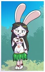 absurd_res anthro barefoot blue_sky breasts clothing coconut_bra elinor_rabbit elinor_wonders_why feet female flower_accessory forest genitals grass grass_skirt hair hi_res jungle lagomorph leaf_skirt leporid mammal markings mr_harinezumi nipples nude pbs plant pussy rabbit sky solo tree tribal tribal_markings undressing vulva