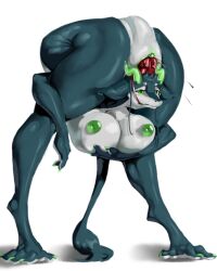 4:5 anthro backbend big_breasts breasts claws contortionism feet female flexible fur genitals green_eyes grey_body grey_fur gyy horn humanoid_genitalia humanoid_vulva mammal paws pussy solo vulva