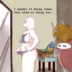 1:1 2023 anthro asgore_dreemurr bikini bikini_pull blonde_hair blue_bikini blue_clothing blue_swimwear blush boss_monster_(undertale) bovid breasts caprine clothing clothing_pull deltarune dialogue embarrassed english_text eye_patch_bikini female female_focus fur goat hair hi_res komm64 kommodore64 male mammal mirror self-conscious side_boob slightly_chubby slightly_chubby_female swimwear swimwear_pull text toriel two-piece_swimsuit undertale undertale_(series) white_body white_fur