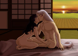 cheating couple crack_pairing female inuyasha kagome_higurashi kissing lazyjenny nude sesshoumaru sideboob