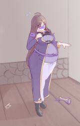 1girls belly_expansion big_belly blueberry_inflation brown_hair female female_only ferrousingot inflation inflation_sequence kono_subarashii_sekai_ni_shukufuku_wo! light-skinned_female light_skin long_hair potion potion_bottle sequence skin_turning_blue swelling thick_thighs thigh_expansion weight_gain weight_gain_female wide_hips wiz_(konosuba)