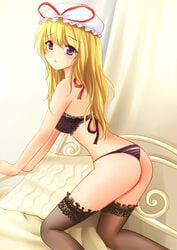 bed black_bra black_legwear black_panties black_thighhighs black_thong blonde_hair bra hat kneeling lace lace-trimmed_thighhighs lingerie long_hair nervous nikoo panties purple_eyes thighhighs thong touhou underwear underwear_only yukari_yakumo